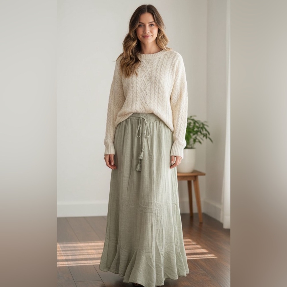Sage Green Boho Maxi Skirt w/ Tassel Drawstring – Flowy & Lightweight